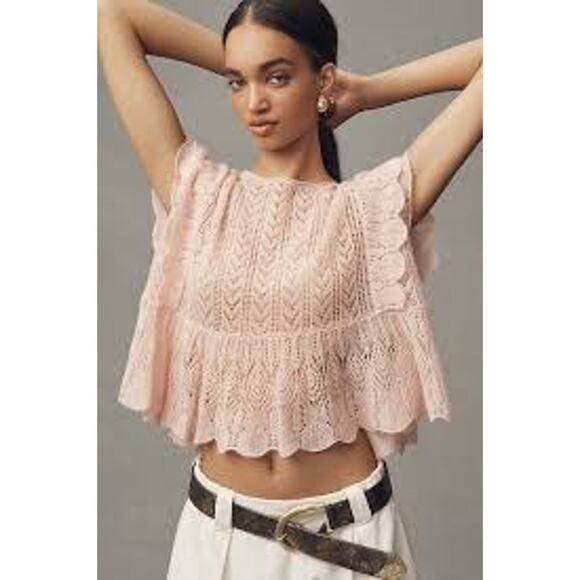 Anthropologie Tops - By ANTHROPOLOGIE Flutter Sleeve Pointelle Cashmere Top FEMININE PINK COZY Size M